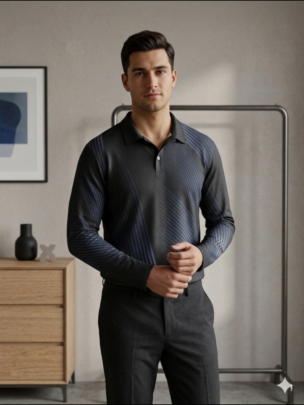 Boutique Long Men's Sleeve Polo Shirt - Black & Blue Abstract - XL (EUC)